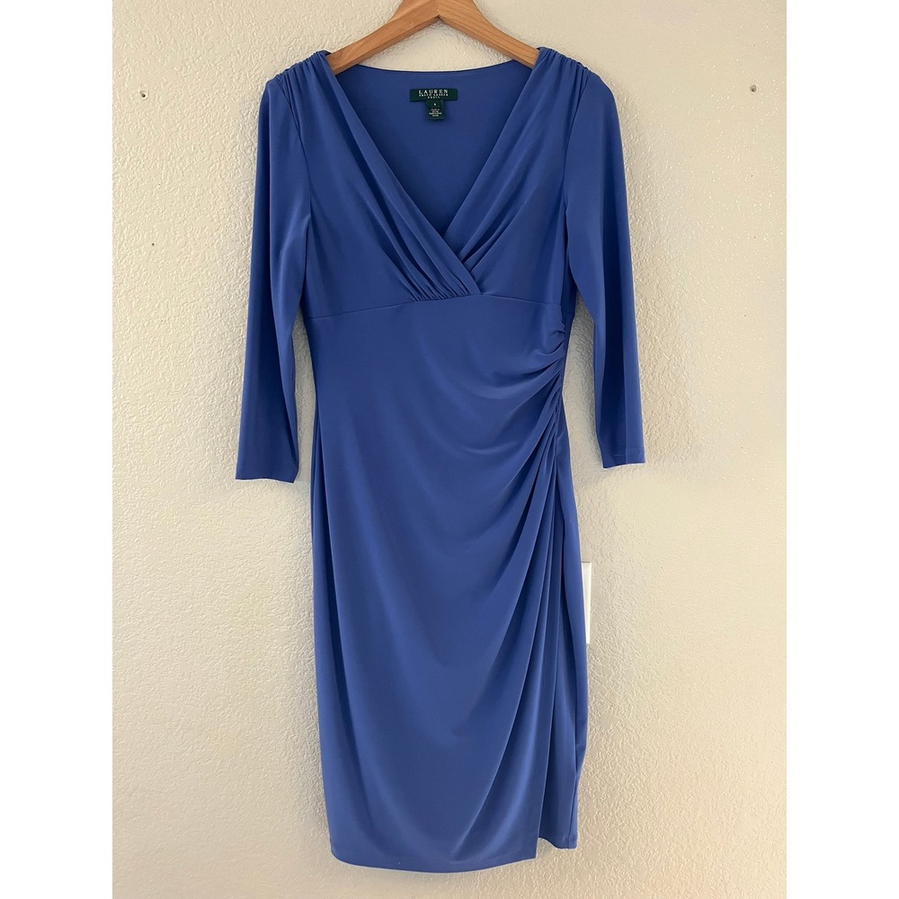 Lauren Ralph Lauren Blue Ruched Surplice V-Neck Faux Wrap Sheath‎ Dress Size 6